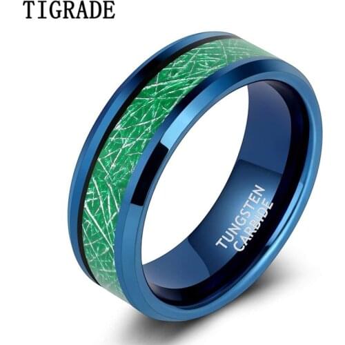 Tigrade 8mm Mens Tungsten Wedding Rings Blue Green Wedding Band High Polished Beveled Edge Comfort Fit Size 7-13