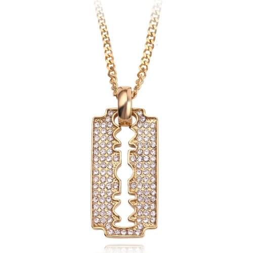 Hip Hop Blade Pendant Necklaces For Men Gold Color Mens Razor Blade Necklace & Pendant Male Iced Out Bling Rhinestones Jewelry