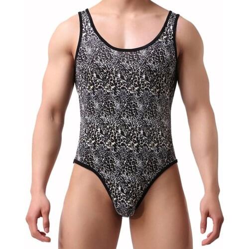 Men Sexy Leopard Bodysuit Wrestling Singlet Fetish Gay Male Jockstrap Underwear Erotic Lingerie Fitness Suit Wild Jumpsuits