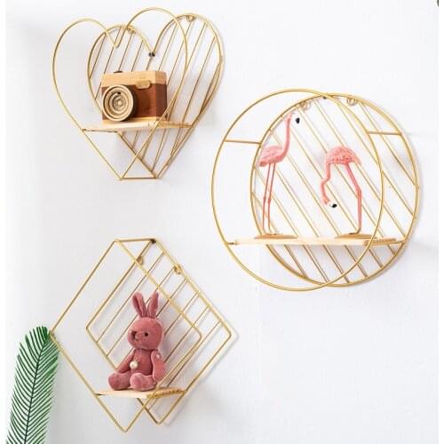 Nordic Style Iron rhombic round heart shaped Grid Wall Shelf Hanging decorative rack storage holder Figure Living Room decor 1PC