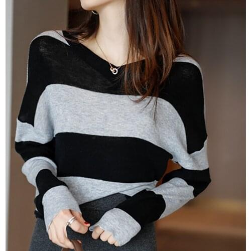 Casual Women Knitted Striped V-Neck Sweater Korean Loose Sweaters Long Sleeve Autumn Wool Soft Pullover Female Sueters De Mujer
