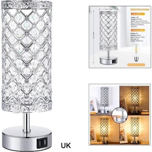 3-Way Dimmable Crystal Touch Control Table Lamp with Dual USB Charging Ports Bedside Desk Lamps Bulb Included UK Plug