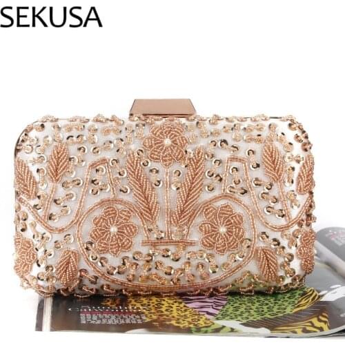 SEKUSA beaded women evening bags embroidery flower metal small clutch shoulder chain handbags for party purse
