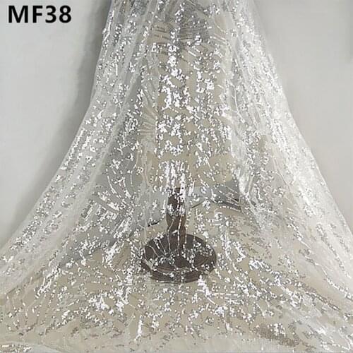 High Quality French Sequins Embroidered White Wedding Dress Mesh Lace Fabric Glossy bright Stage clothing materials MF38