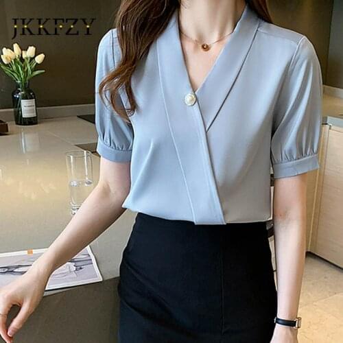 Summer 2021 New Pearl Korean Satin V-neck Short Sleeve Shirts Woman Blue Blouses Simple Top