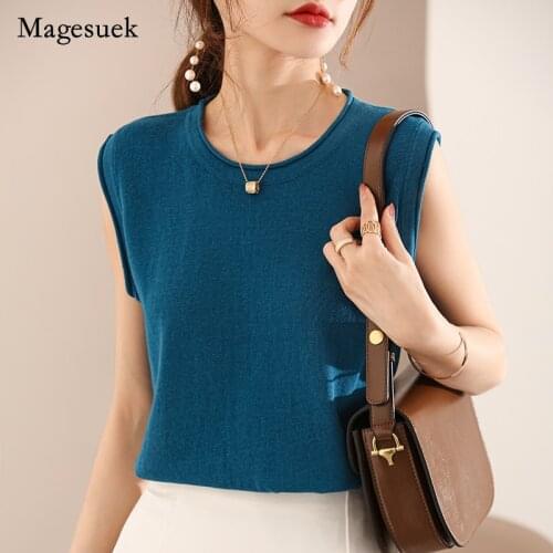 Summer new pure cotton women blouse solid knitted sleeveless blouse for women o-Neck Pullover loose short T-shirt blusa 14646