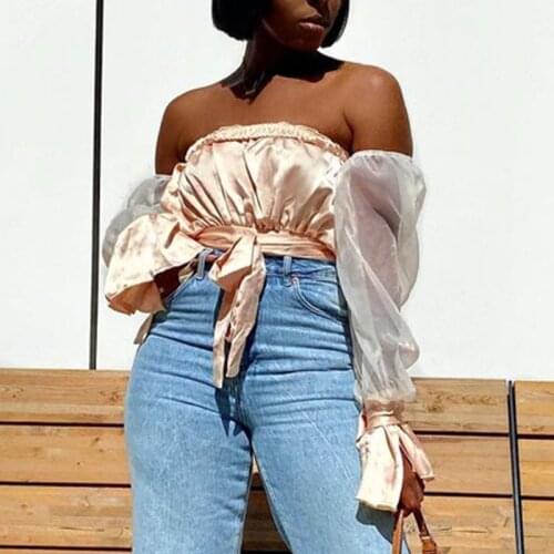 Wsevypo Off-shoulder Bowknot Blouse Women Mesh Puff Sleeve Crop Tops Summer Party Chic Strapless Ruched Wrapped Tops