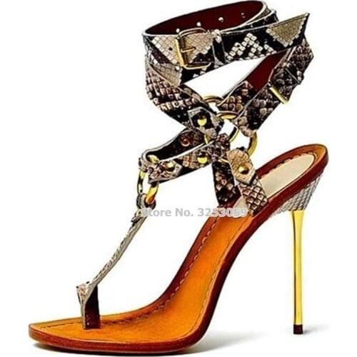 ALMUDENA Women Gold Metal Heel Snakeskin Sandals Stiletto Heels Clip Toe Buckle Strap Dress Shoes Metal Ring Embellished Shoes