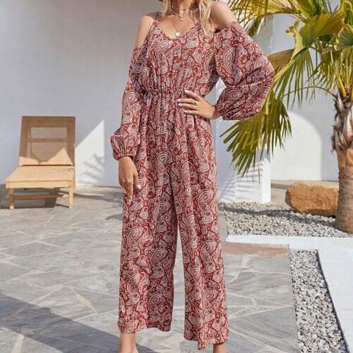 Womens Jumpsuit 2021Summer New Sling Long Sleeve Chiffon Print Camouflage Jumpsuit Casual Loose Vacation Jumpsuit Wide Leg Pant