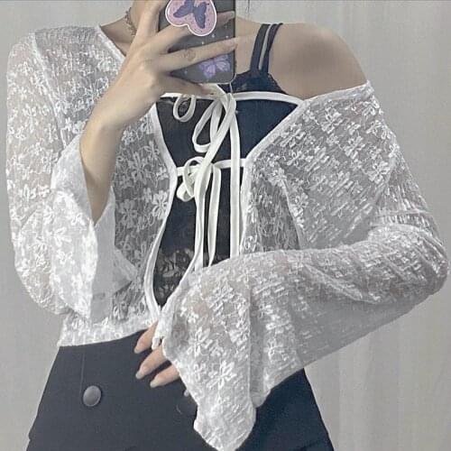 2021 Women Casual Long Sleeve Cardigan Fashion Solid Color Lace Tie-up Exposed Navel T-shirt for Daily Wear Dating Party Club