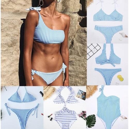 Women Sexy Bikini Set Striped One Shoulder Push-up Bra Thong Set Swimwear One-piece Swimsuit Bandage Bathing Suit Beachwear