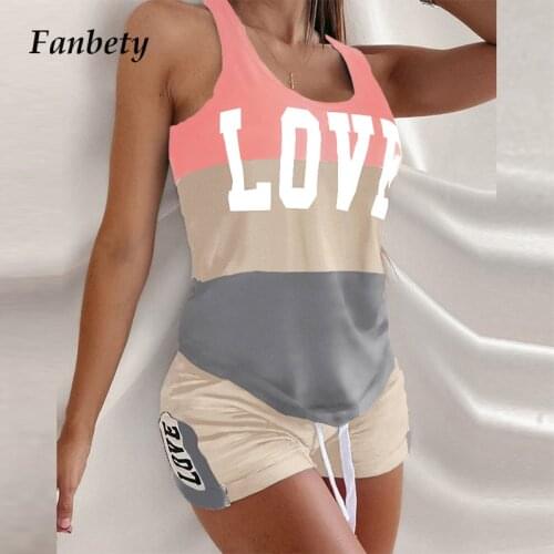 Women Fashion Letter Print Two Piece Sets 2021 Summer Casual Sleeveless Vest Tops + Drawstring Shorts Suit Homewear Tracksuit XL