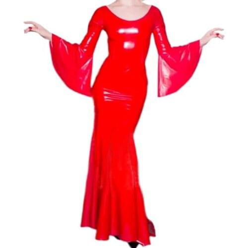 Women Leather PVC Flared long sleeves Long Dress Sexy Fashion Length Dress Vintage Party Performance Mopping Halloween dress 7XL