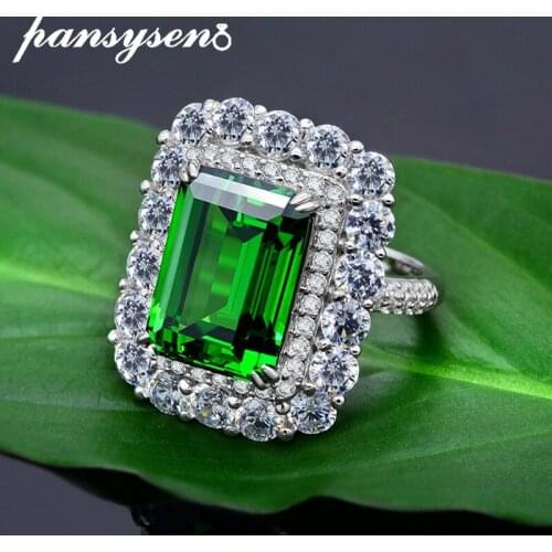 PANSYSEN 100% 925 Sterling Silver Emerald Created Moissanite Gemstone Finger Ring Female Wedding Anniversary Fine Jewelry Rings