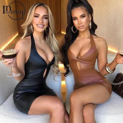 INWOMAN Sexy Club Bodycon Pencil Dress Women Party Mini Dress Wrap Summer Hollow Out Dress Faux Pu Leather Dress Backless Dress