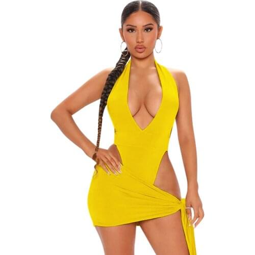 Neon Color Halter Neck Backless Beach Club Dress Women Sexy Off Shoulder Hollow Out Pencil Dress Summer Backless Holiday Dress