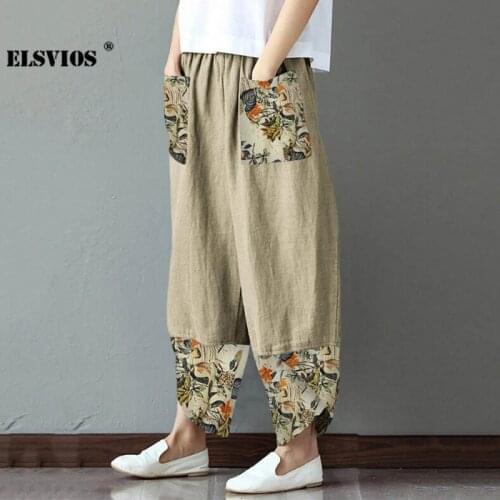 Spring Autumn Fashion Women Cotton Linen Pencil Pants Casual Print Patchwork Loose Long Trousers Elegant Streetwear Lady Pants