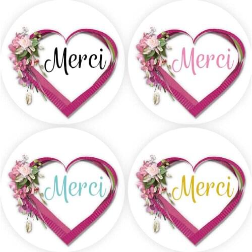 DouxArt 100 Pieces Stickers Merci, 40mm Heart Flowers Wedding Engagement Party Communion Baptism Invitation Gift Labels Seals