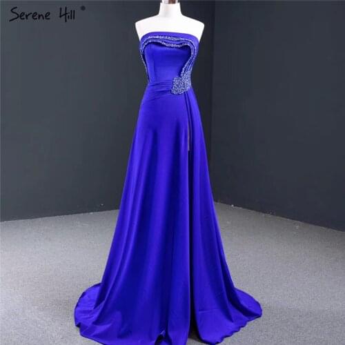 Royal Blue Srtapless Sexy A-Line Evening Dresses 2020 High-end Satin Beading Sleeveless Formal Dress Serene Hill BHM67087