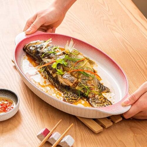 Creative fish plate ceramic steamed fish fish plate household Chinese New Year net red plate oval plate Japanese new large dinne