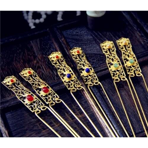 LYZ Fei Tian Traditional Hand Carving Copper Yan Bin Side Hair Stick with Agate Beads Hanfu Hair Sticks Bu Yao Hanfu Headwear