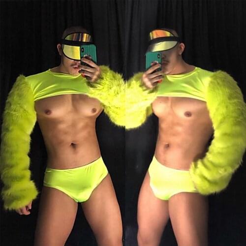 Male Fluorescent Green Fur Blouse Shorts Men Festival Rave Outfit Stage Gogo Costume Burning Man Nightclub Dj Ds Clothing XS2479