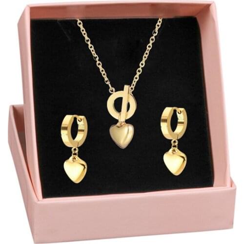Rose Gold Titanium Steel Inlaid Zircon Heart Pendant Necklace Earring Set Crystal Wedding Jewelry Set Gift box