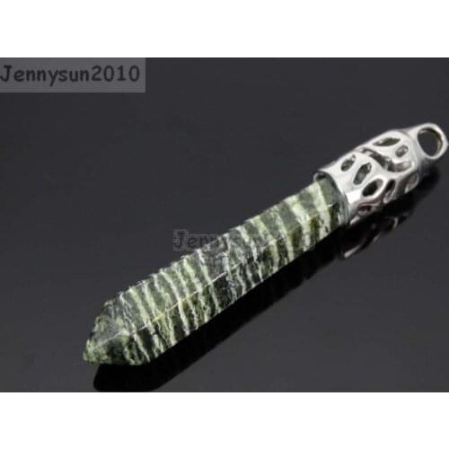 Natural Green With White Stripe Gems Stones Long Hexagonal Pointed Healing Reiki Chakra Pendant Beads Necklace 10Pcs/Pack