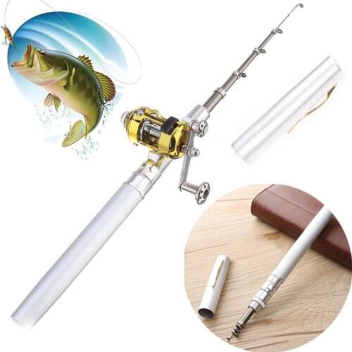 Portable Mini Pocket Telescopic Pen Fishing Tackle Rod Pole Reel Aluminum Alloy Fishing Rod Pen Silver For Fishing Tackle