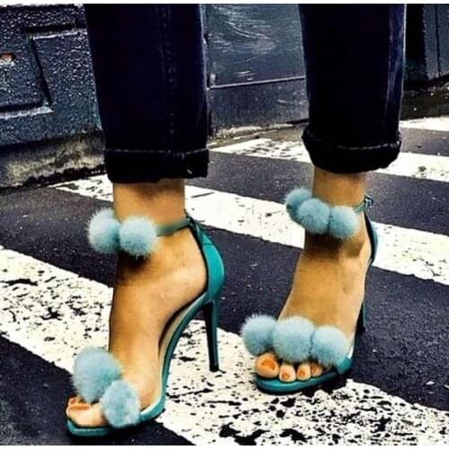 Hot Selling Green Suede Pom Pom Decor Women Sandals Cut-out Peep Toe Gladiator Sandals Shoes High Heels Summer Dress Shoes