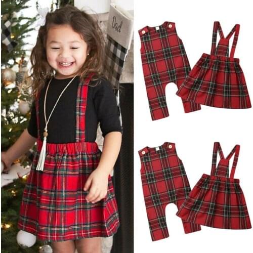 Sister Matching Clothes Christmas Sister Match Xmas Clothes Romper Strap Dress Baby Girl Plaid Outfit