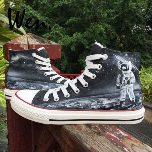Wen Design Custom Astronaut Outer Space Moon Galaxy Hand Painted Black Canvas Sneakers High Top Adults Unisex Athletic Shoes