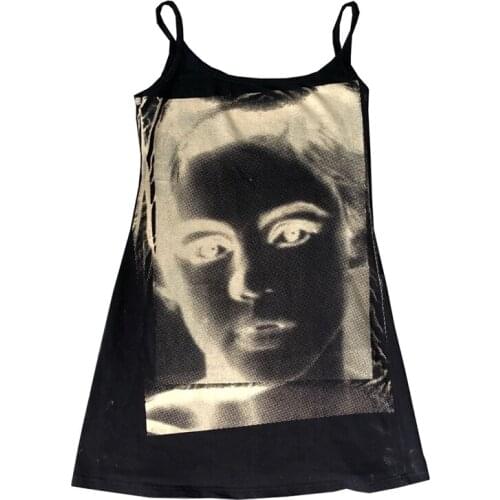 90s Vintage Women Bodycon Dress Graphic Print Harajuku Streetwear Sleeveless Spaghetti Strap Cami Dress Punk Style Gothic