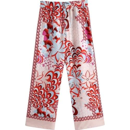 2021 Wide Leg Women Pants Patchwork Floral Print Bottoms High Waist Straight summer Casual Long Trousers Streetwear Light Pink