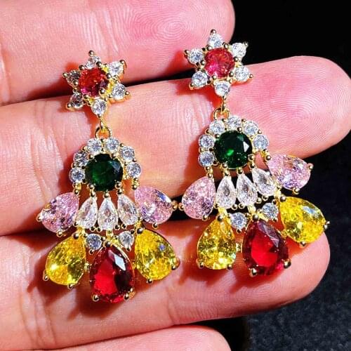 Ladies Bohemia Dangle Drop Earrings 925 Silver Gold Color Flower Long Earrings Luxury Crystal Zircon Ethnic Jewelry Gift