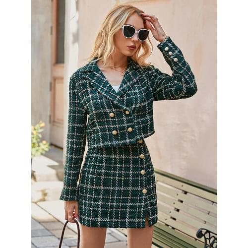 Simplee Office plaid lapel women blazer autumn Elegant high waist split female mini skirt suits Za fashion long sleeve suit set