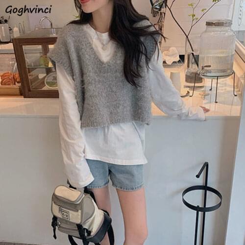 Sweater Vest Women Solid Grey Crop Top V-Neck Sleeveless Plus Size Loose All-match Casual Sweaters Trendy Female Streetwear New