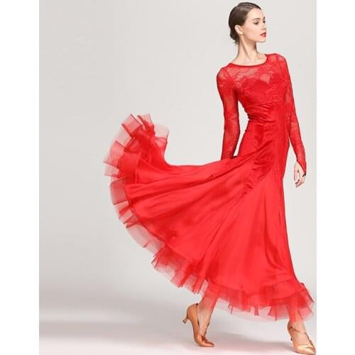 Lady Ballroom Dancing Dress Long Sleeve Lace Costumes Girls New Lace Long-sleeved Modern Dance Suit Dance Dress D0742
