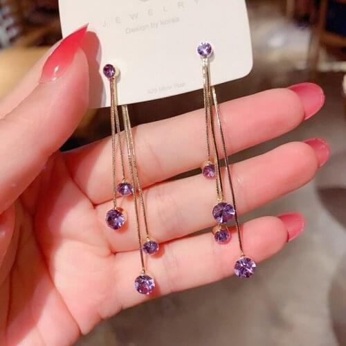 2021 New Trendy Purple Crystal Tassel Super Fairy Rhinestone Dangle Earrings Long Korean High Sense Women Jewelry Party Wedding