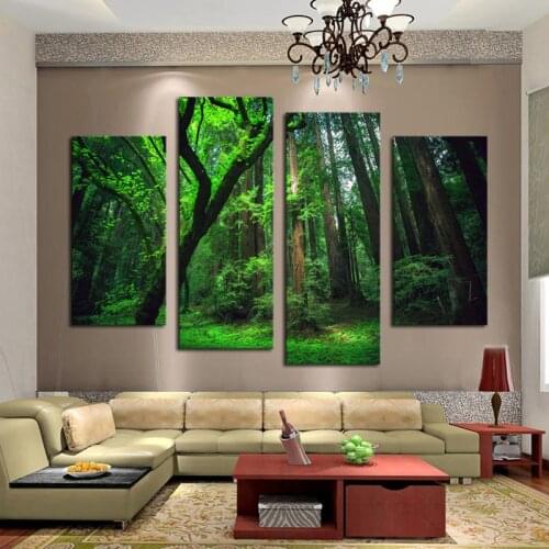 4 Panel Beautiful The Forest Green Trees Large HD Picture Modern Wall Decor Canvas Print Painting oil For Home Decorate Unframed