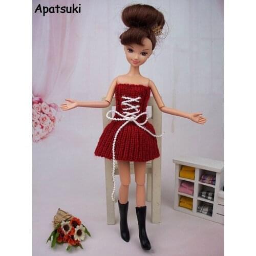 Doll Accessories Knitwear Red Off-Shoulder Dresses Clothes For Barbie Doll House One Piece Vestidos For Blythe 1/6 BJD Dolls