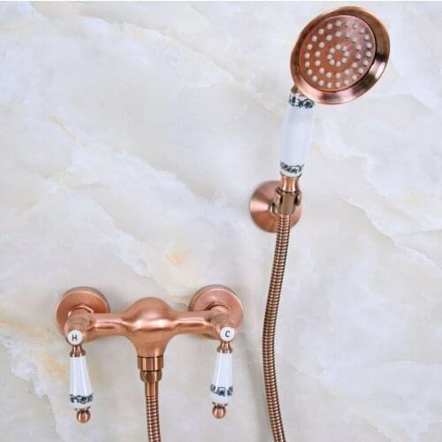 Antique Red Copper Brass Dual Ceramic Levers Handles Wall Mounted Bathroom Hand Held Shower Head Faucet Set Mixer Tap ana301