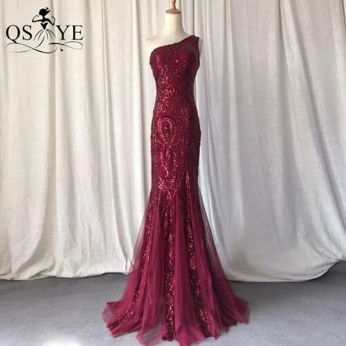 Burgundy One Shoulder Evening Dresses Sequined Long Mermaid Prom Gown Glitter Deep Red Party Dress Pattern Lace Formal Dress