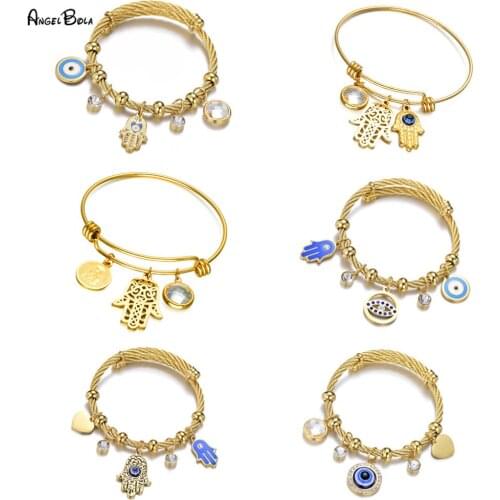 Juya Hamsa Stainless Steel Fatima Greek Hand Evil Eye Bracelet Islamic Turkish Blue Eye Jewelry Adjustable Chains Charm Bracelet
