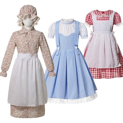 Kids Cosplay Clothes Maid Ireland Dress Girls Performance Halloween Costume with Headwear Children Summer Party Vestido