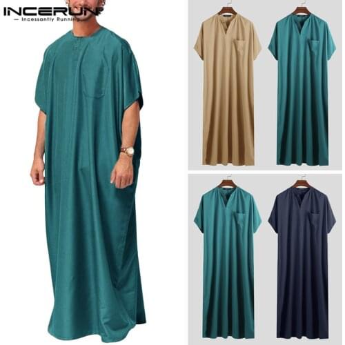 INCERUN Men Jubba Thobe Solid Color Short Sleeve Loose Robes Vintage Middle East Arab Islamic Kaftan Abaya Muslim Clothing S-5XL