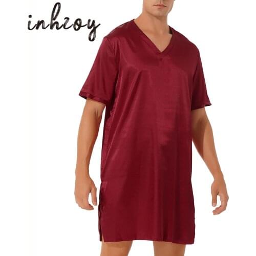 Mens Silk Satin Sleepwear Short Sleeve Pajamas Nightgown Night Shirts