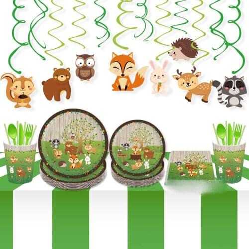 Omilut Woodland Animals Party Decor Supplies Woodland Animals Cake Topper Safari Jungle Animals Disposable Tableware Set Supplie