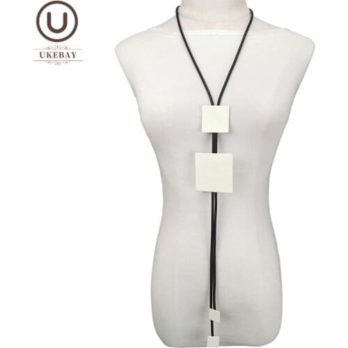 UKEBAY New Square Wood Pendant Necklaces Women Long Statement Rubber Necklace Jewelry Vintage Wooden Jewellery Pendant Chains