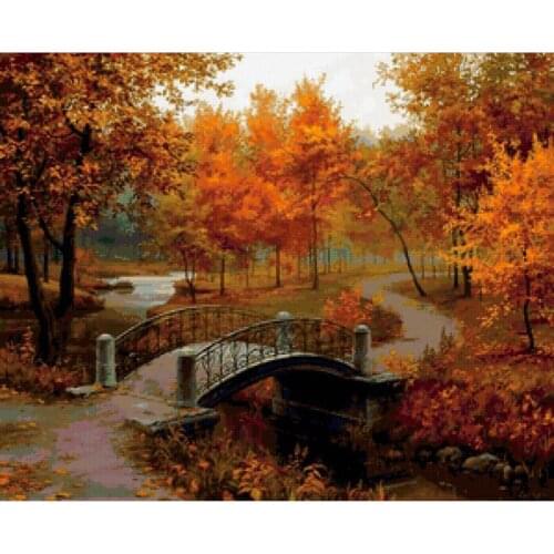 Scenery Needlework DIY Diamond Painting Rhinestone Pasted Painting Full Embroidery Autumn Forest & Bridge Living Room Decoration